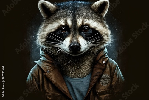 Portrait of a raccoon in art, illustration, or on a t shirt design. Generative AI