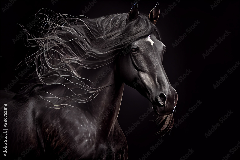 beautiful black horse on a dark background - generative ai