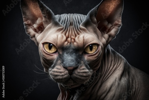 Front view of a grumpy Sphynx cat in close up on a black background. Generative AI