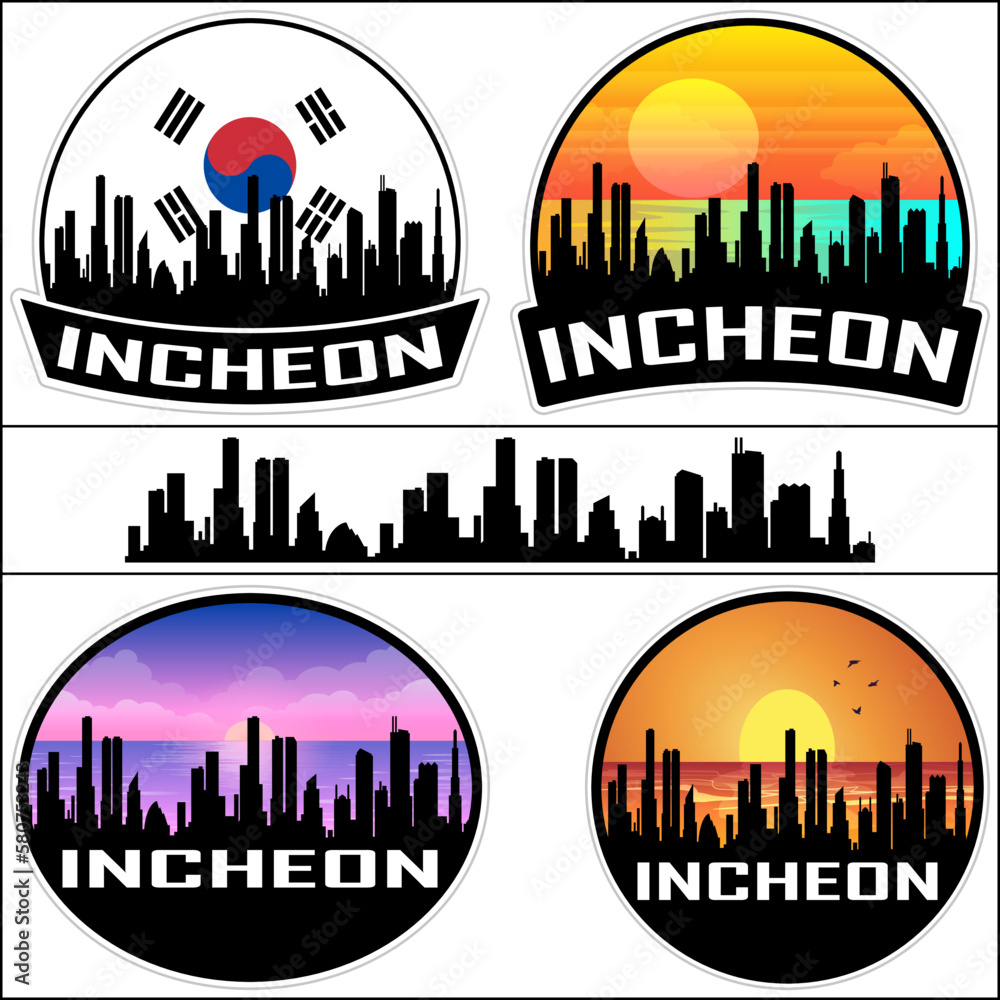 Incheon Skyline Silhouette South Korea Flag Travel Souvenir Sticker Sunset Background Vector Illustration SVG EPS AI