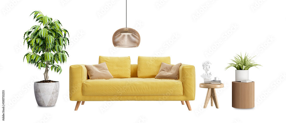Living room interior has sofa in 3d rendering. Front view of sofa and plant in 3d rendering - obrazy, fototapety, plakaty 