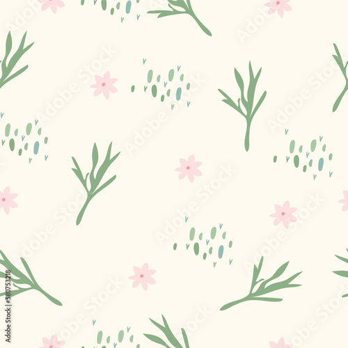 Minimalist seamless pattern with flowers and leaves. Bright, botanical pattern perfect for paper, cover, wallpaper, fabric, posters. Vector graphics.