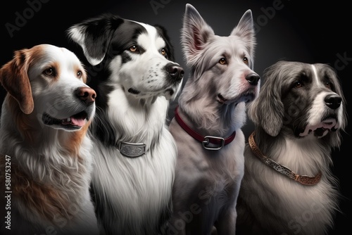 Purebred dogs and dogs from different breeds on a gray background. pet collar. Long haired and charming. Generative AI © AkuAku