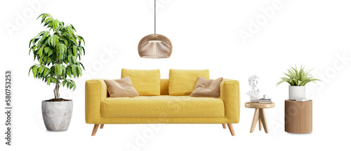 Living room interior has sofa in 3d rendering. Front view of sofa and plant in 3d rendering photo