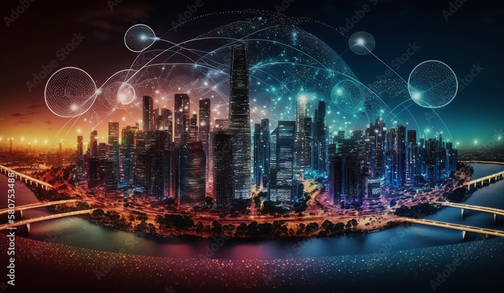 Colourful Smart city and connection technology concept, illustration of big data. Generative AI. Colourful Smart city and connection technology concept, illustration of big data. Generative AI.