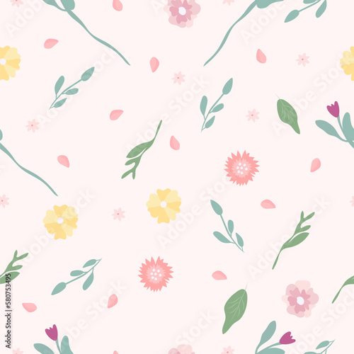 Minimalist floral seamless pattern. Bright flowers and green leaves. Spring bloom and luxury. The pattern can be used as a textile, fabric, wallpaper, banner, etc. Vector