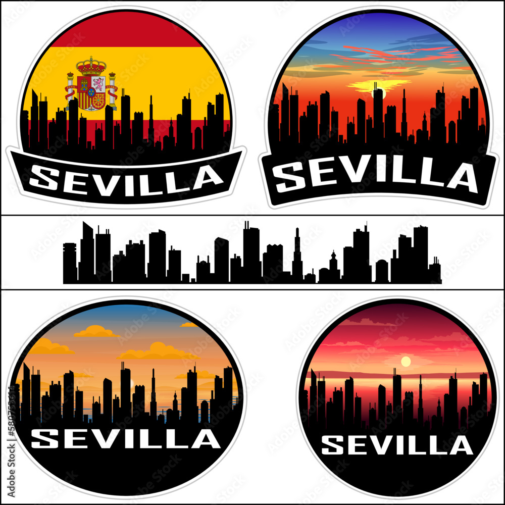 Sevilla Skyline Silhouette Spain Flag Travel Souvenir Sticker Sunset Background Vector Illustration SVG EPS AI