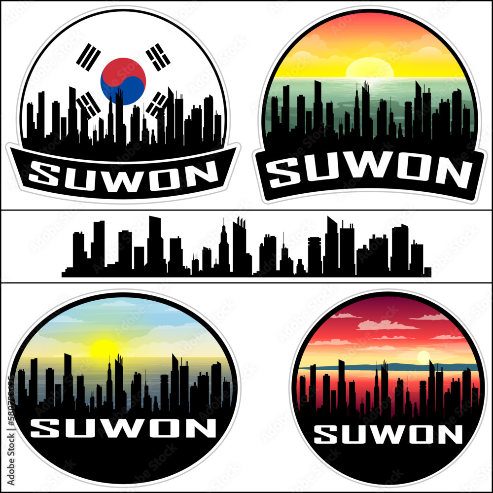 Suwon Skyline Silhouette South Korea Flag Travel Souvenir Sticker Sunset Background Vector Illustration SVG EPS AI
