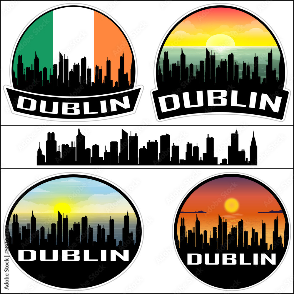 Dublin Skyline Silhouette Ireland Flag Travel Souvenir Sticker Sunset Background Vector Illustration SVG EPS AI