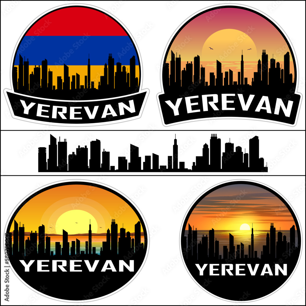 Yerevan Skyline Silhouette Armenia Flag Travel Souvenir Sticker Sunset Background Vector Illustration SVG EPS AI