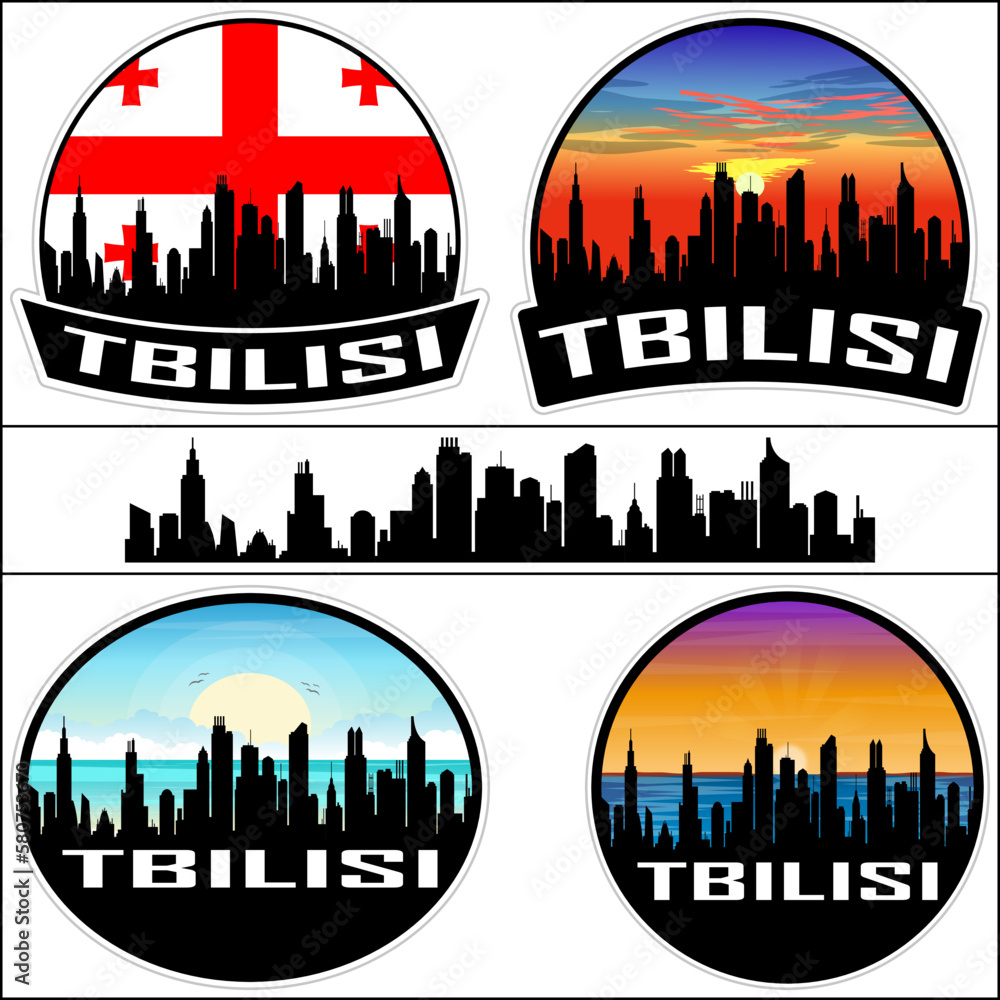 Tbilisi Skyline Silhouette Georgia Flag Travel Souvenir Sticker Sunset Background Vector Illustration SVG EPS AI