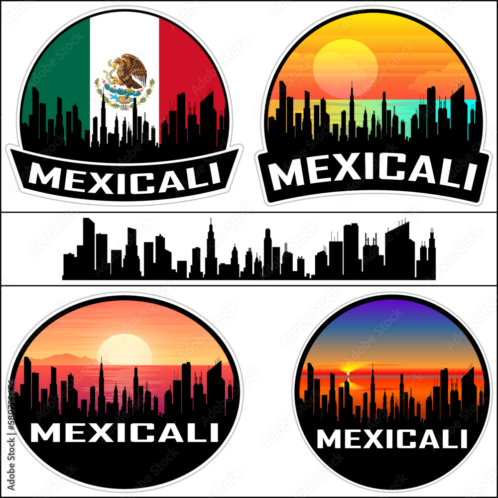 Mexicali Skyline Silhouette Mexico Flag Travel Souvenir Sticker Sunset Background Vector Illustration SVG EPS AI