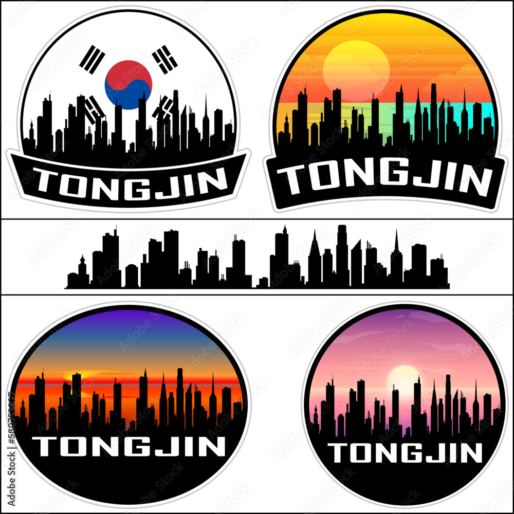 Tongjin Skyline Silhouette South Korea Flag Travel Souvenir Sticker Sunset Background Vector Illustration SVG EPS AI