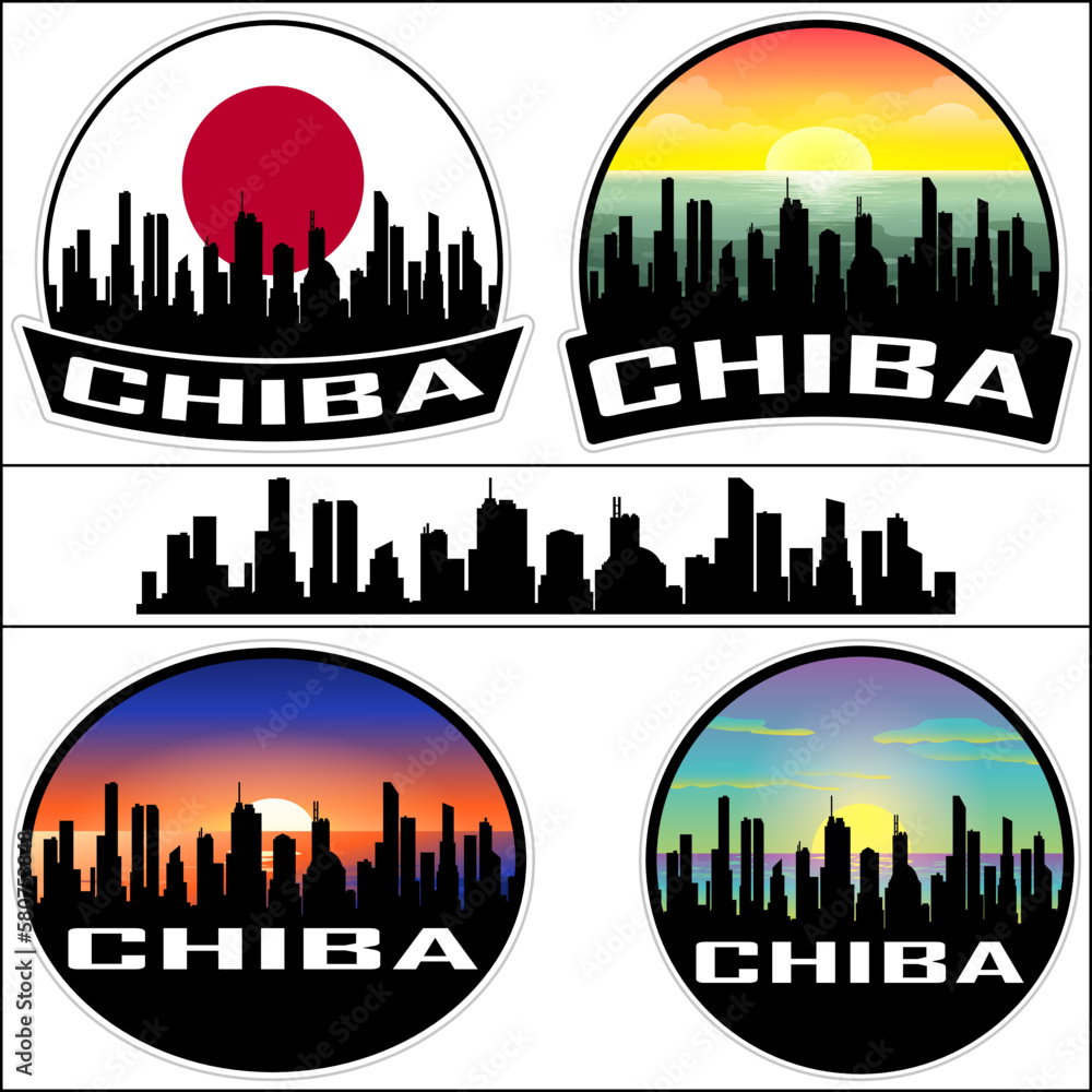 Chiba Skyline Silhouette Japan Flag Travel Souvenir Sticker Sunset Background Vector Illustration SVG EPS AI