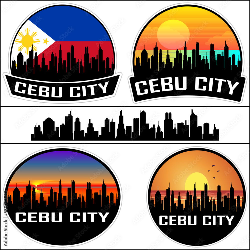 Cebu City Skyline Silhouette Philippines Flag Travel Souvenir Sticker Sunset Background Vector Illustration SVG EPS AI