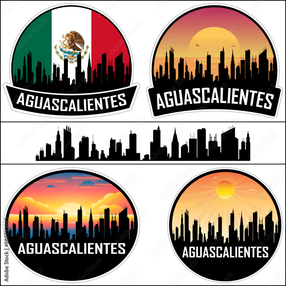 Aguascalientes Skyline Silhouette Mexico Flag Travel Souvenir Sticker Sunset Background Vector Illustration SVG EPS AI