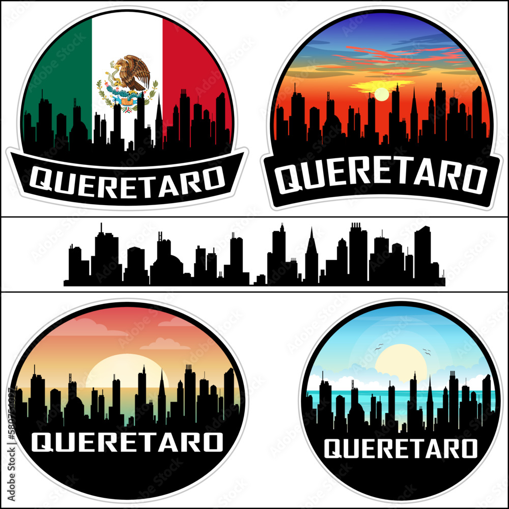 Queretaro Skyline Silhouette Mexico Flag Travel Souvenir Sticker Sunset Background Vector Illustration SVG EPS AI