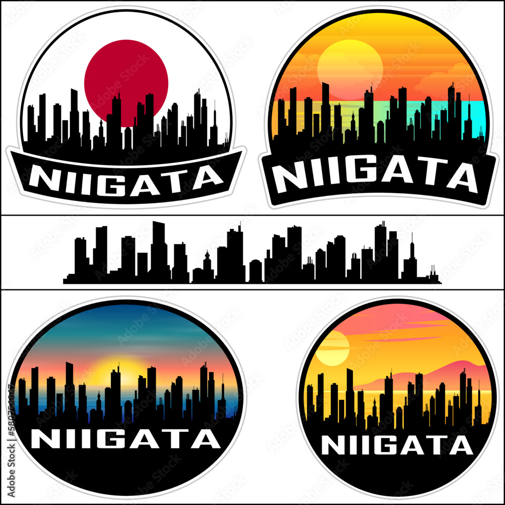 Niigata Skyline Silhouette Japan Flag Travel Souvenir Sticker Sunset Background Vector Illustration SVG EPS AI