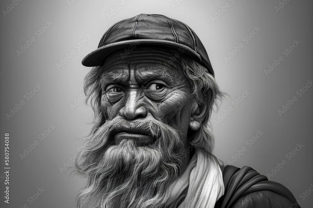 Portrait of an old man with a beard, the wise wanderer, black and white, illustration, digital art.
