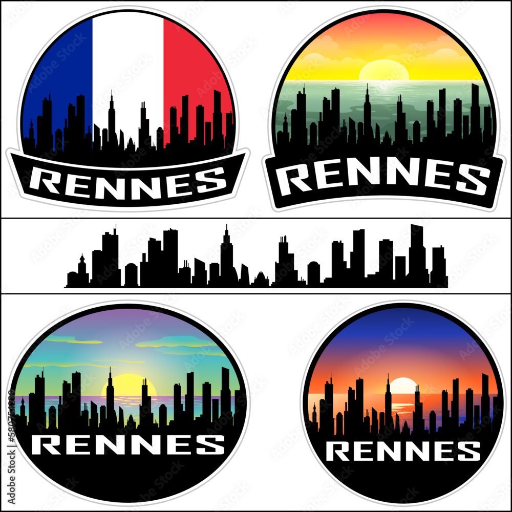 Rennes Skyline Silhouette France Flag Travel Souvenir Sticker Sunset Background Vector Illustration SVG EPS AI