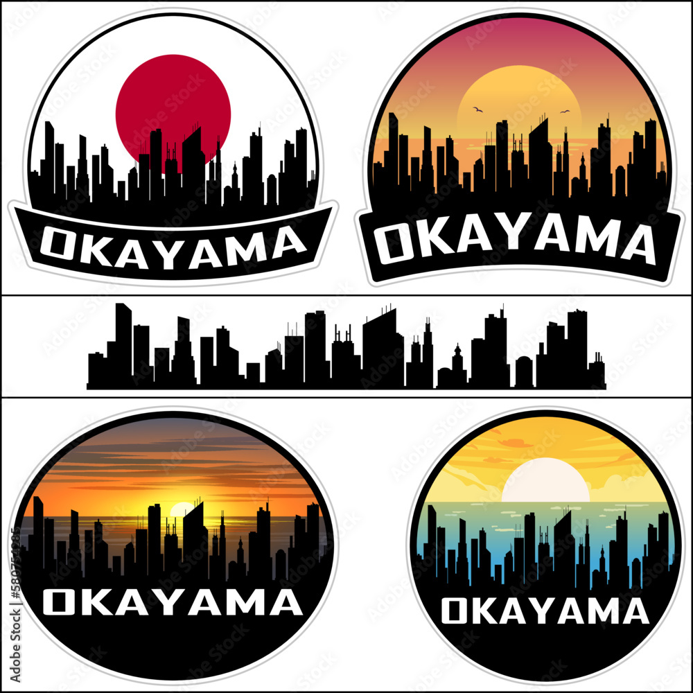 Okayama Skyline Silhouette Japan Flag Travel Souvenir Sticker Sunset Background Vector Illustration SVG EPS AI