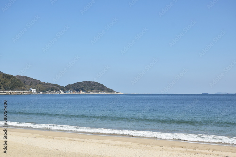beach landscape at couple rock Meotoiwa for lover with white column on beach in Fukuoka Japan 