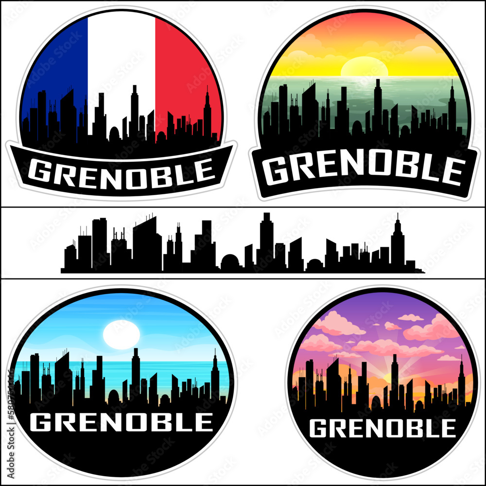 Grenoble Skyline Silhouette France Flag Travel Souvenir Sticker Sunset Background Vector Illustration SVG EPS AI