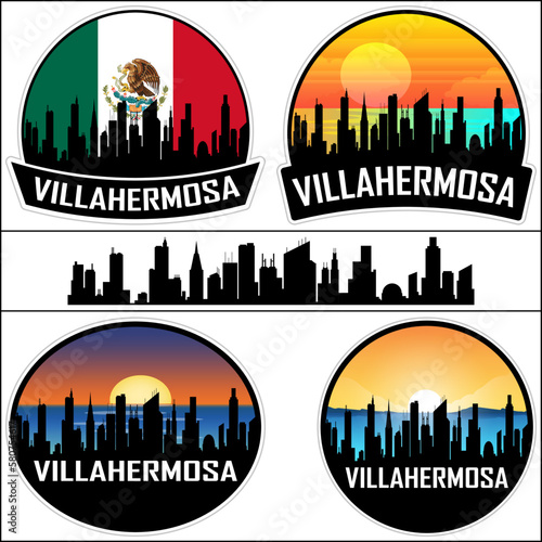 Villahermosa Skyline Silhouette Mexico Flag Travel Souvenir Sticker Sunset Background Vector Illustration SVG EPS AI photo