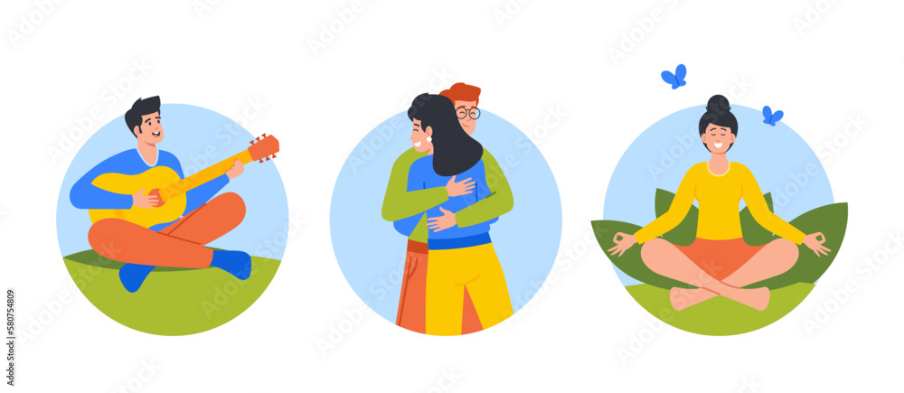 Digital Detox Isolated Round Icons or Avatars. Characters Playing Guitar, Dating, Meditate Promote Detoxification Digital Detox Isolated Round Icons or Avatars. Characters Playing Guitar, Dating, Meditate Promote Detoxification
