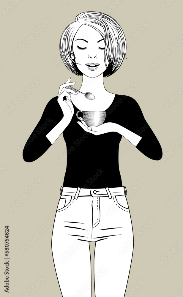 Standing blonde girl holding in her hands a coffee cup and spoon. Linear comic black and white retro stylized drawing Standing blonde girl holding in her hands a coffee cup and spoon. Linear comic black and white retro stylized drawing