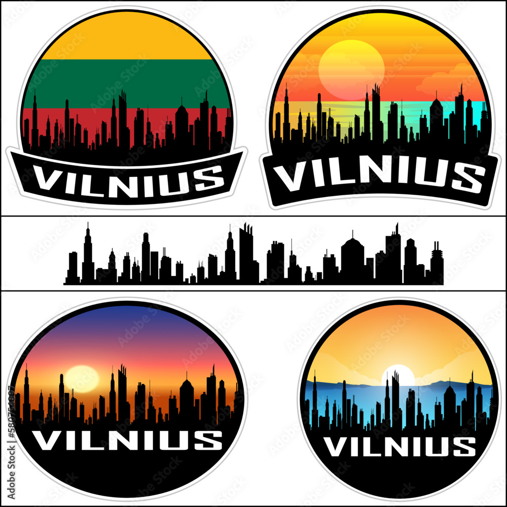 Vilnius Skyline Silhouette Lithuania Flag Travel Souvenir Sticker Sunset Background Vector Illustration SVG EPS AI