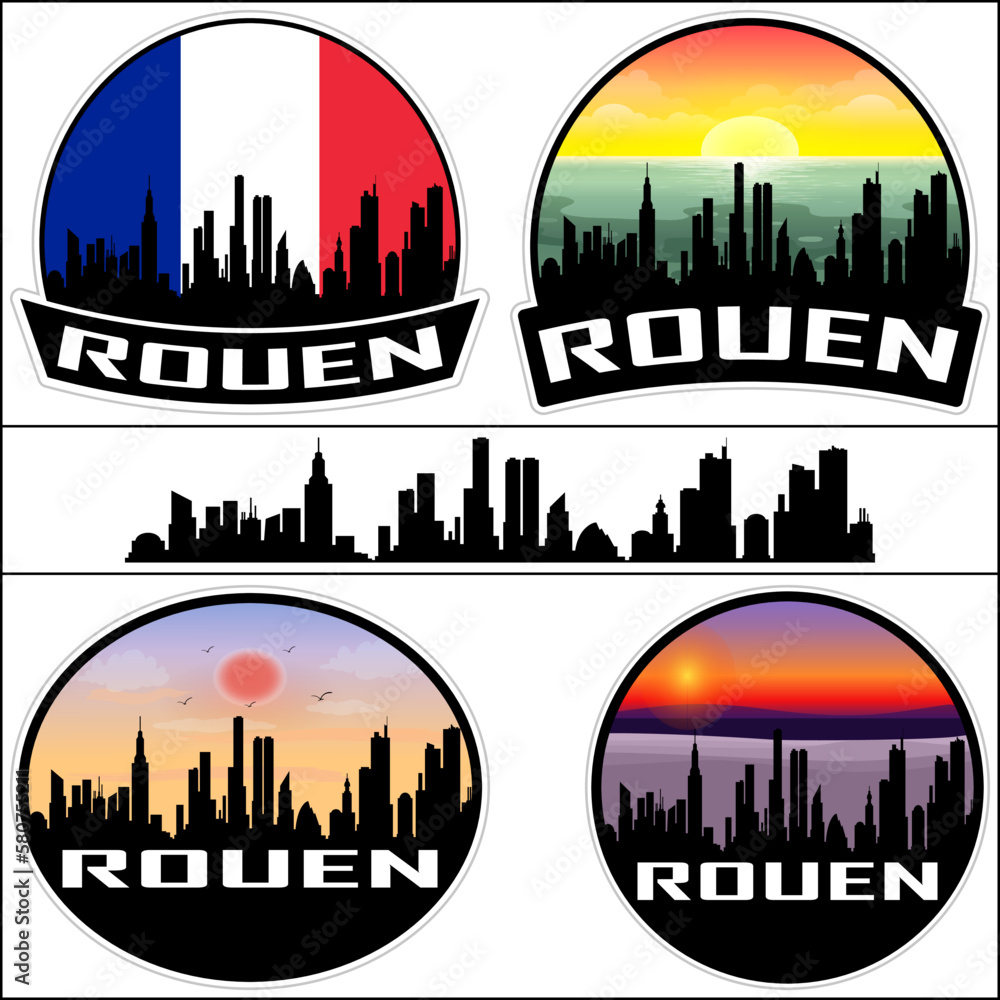 Rouen Skyline Silhouette France Flag Travel Souvenir Sticker Sunset Background Vector Illustration SVG EPS AI