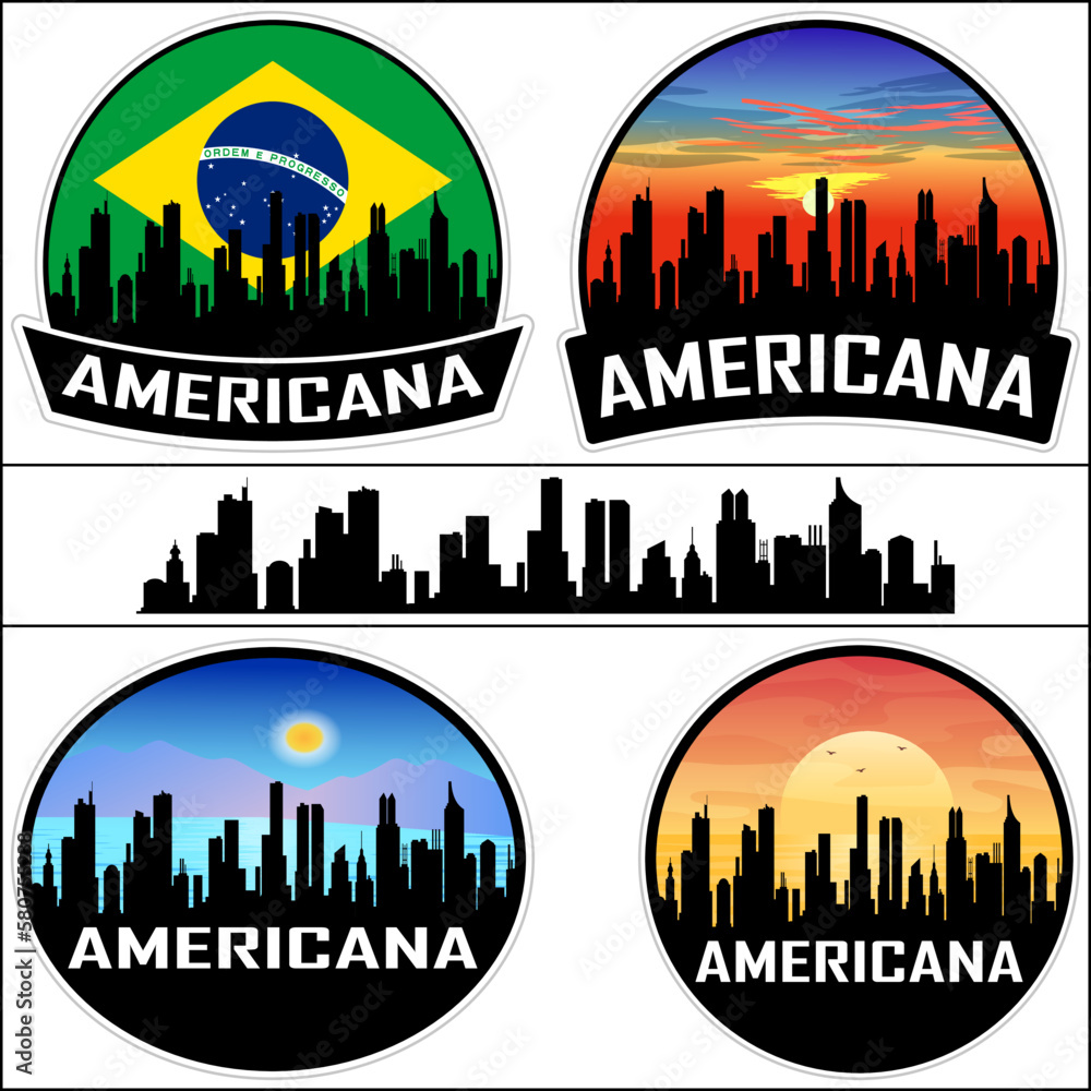 Americana Skyline Silhouette Brazil Flag Travel Souvenir Sticker Sunset Background Vector Illustration SVG EPS AI