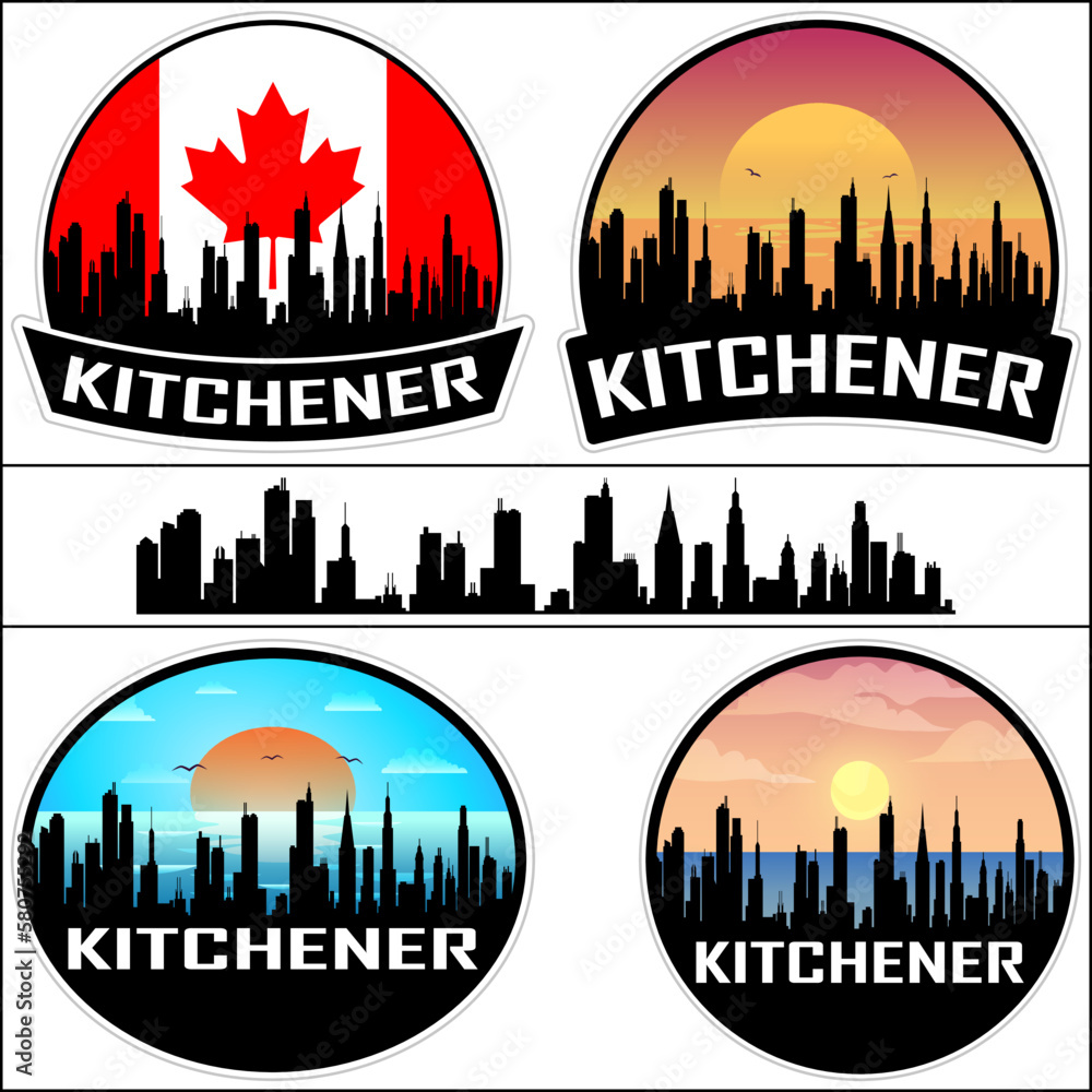 Kitchener Skyline Silhouette Canada Flag Travel Souvenir Sticker Sunset Background Vector Illustration SVG EPS AI
