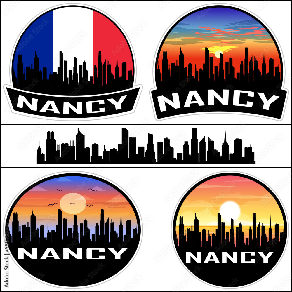 Nancy Skyline Silhouette France Flag Travel Souvenir Sticker Sunset Background Vector Illustration SVG EPS AI