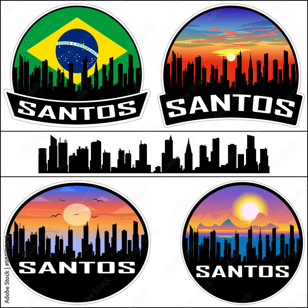 Santos Skyline Silhouette Brazil Flag Travel Souvenir Sticker Sunset Background Vector Illustration SVG EPS AI