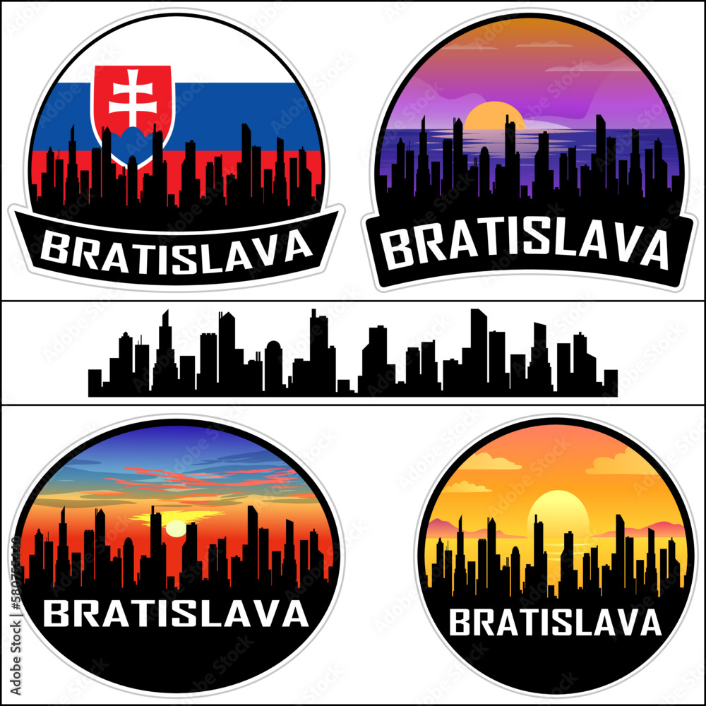 Bratislava Skyline Silhouette Slovakia Flag Travel Souvenir Sticker Sunset Background Vector Illustration SVG EPS AI