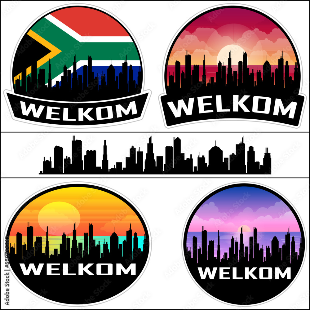 Welkom Skyline Silhouette South Africa Flag Travel Souvenir Sticker Sunset Background Vector Illustration SVG EPS AI