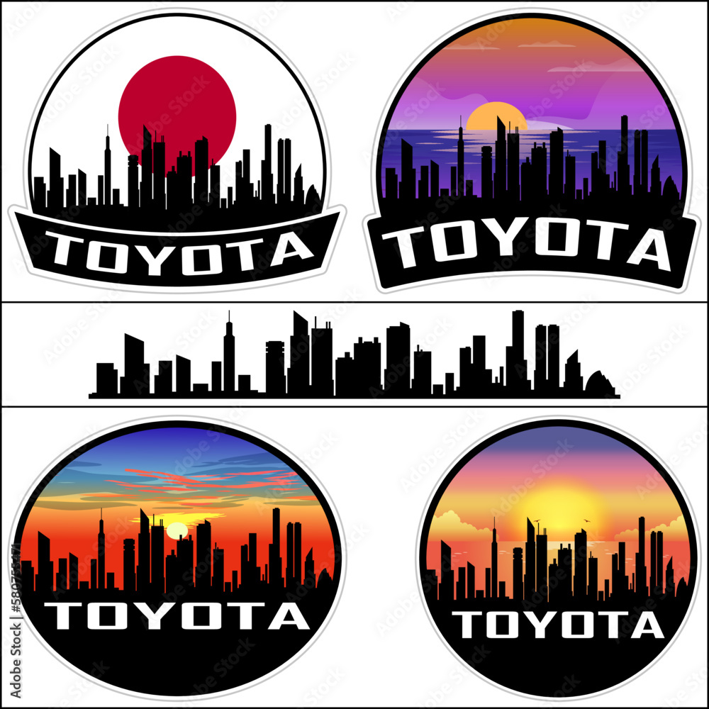 Toyota Skyline Silhouette Japan Flag Travel Souvenir Sticker Sunset Background Vector Illustration SVG EPS AI