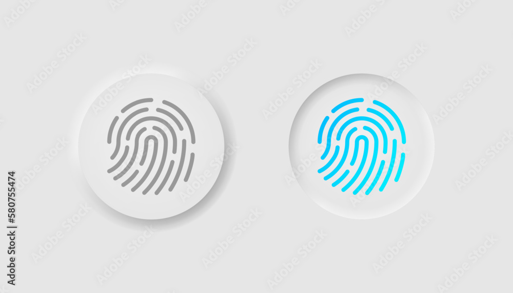 Fingerprint in neumorphism style. Icons for business, white UI, UX. Touch ID symbol. Scanner, access approved, username, security. Neumorphic style. Vector illustration. Fingerprint in neumorphism style. Icons for business, white UI, UX. Touch ID symbol. Scanner, access approved, username, security. Neumorphic style. Vector illustration.