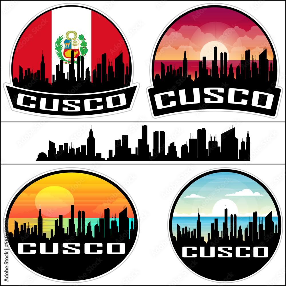 Cusco Skyline Silhouette Peru Flag Travel Souvenir Sticker Sunset Background Vector Illustration SVG EPS AI