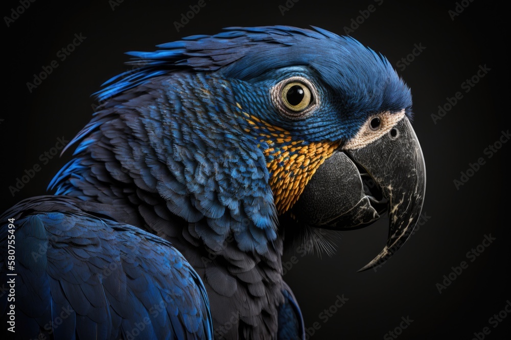 Obraz premium Detail of a portrait of the Hyacinth Macaw (Anodorhynchus hyacinthinus) on a black background. Generative AI