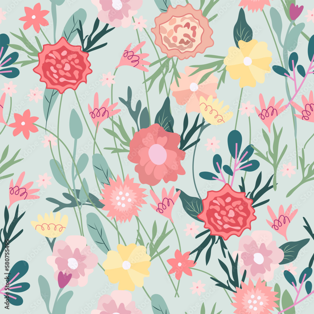 Pattern of spring flowers and green grasses