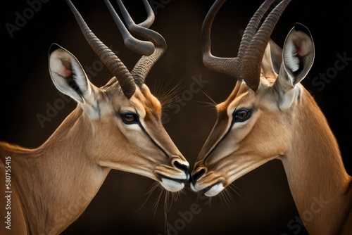 Love from an impala ( Aepyceros melampus ) During the rutting season, two male impalas have a private moment together. Both good and bad. Generative AI