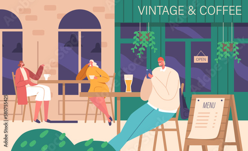 . Bustling Street Cafe Is Filled With People Sipping Coffee, Chatting With Friends, Use Smartphones Vector Illustration