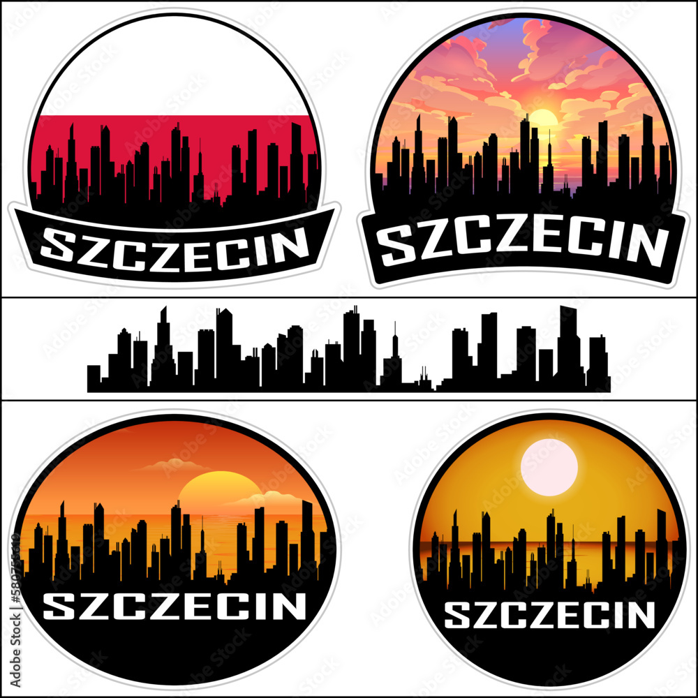 Szczecin Skyline Silhouette Poland Flag Travel Souvenir Sticker Sunset Background Vector Illustration SVG EPS AI