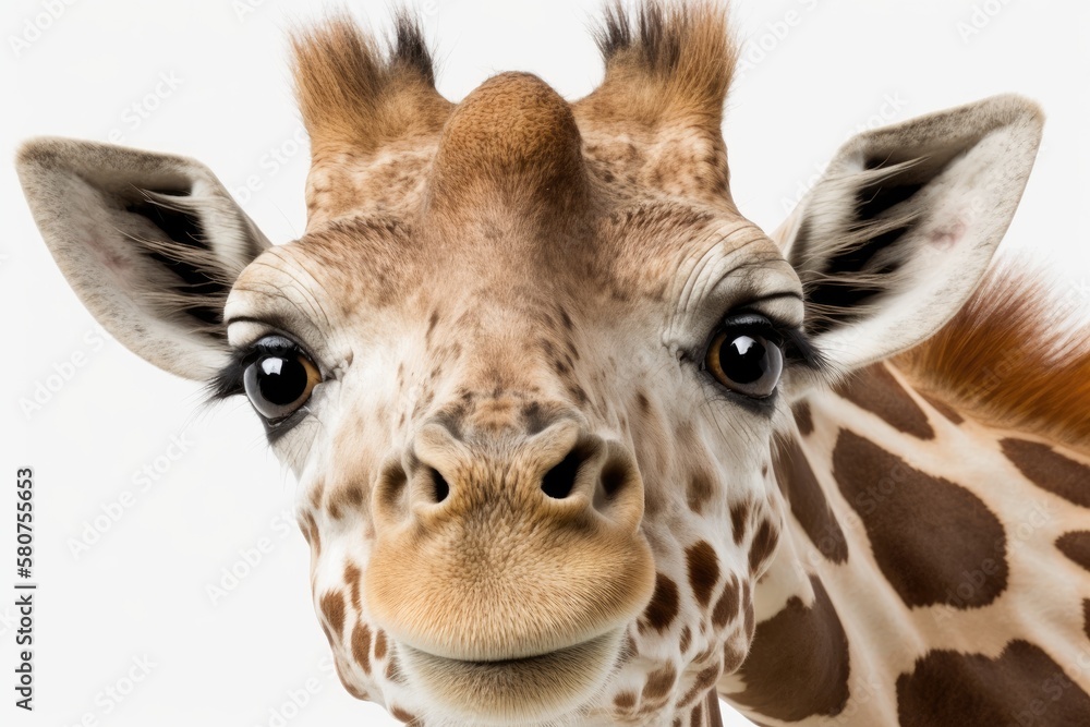 Funny Giraffe in close up on a white background. Generative AI
