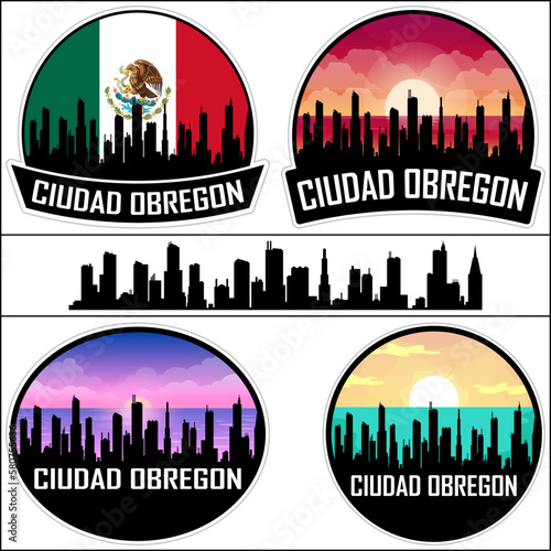 Ciudad Obregon Skyline Silhouette Mexico Flag Travel Souvenir Sticker Sunset Background Vector Illustration SVG EPS AI photo