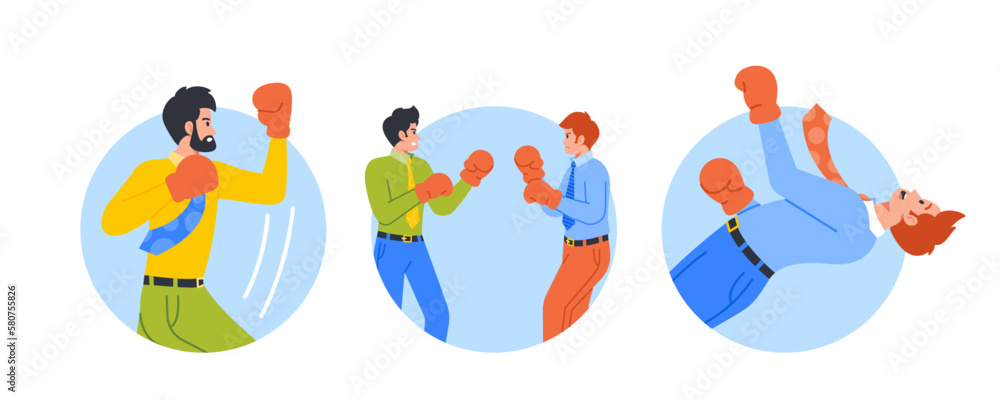 Business Men Boxing Isolated Round Icons. Male Characters Exchanging Fierce Blows And Demonstrating Competitive Spirit Business Men Boxing Isolated Round Icons. Male Characters Exchanging Fierce Blows And Demonstrating Competitive Spirit