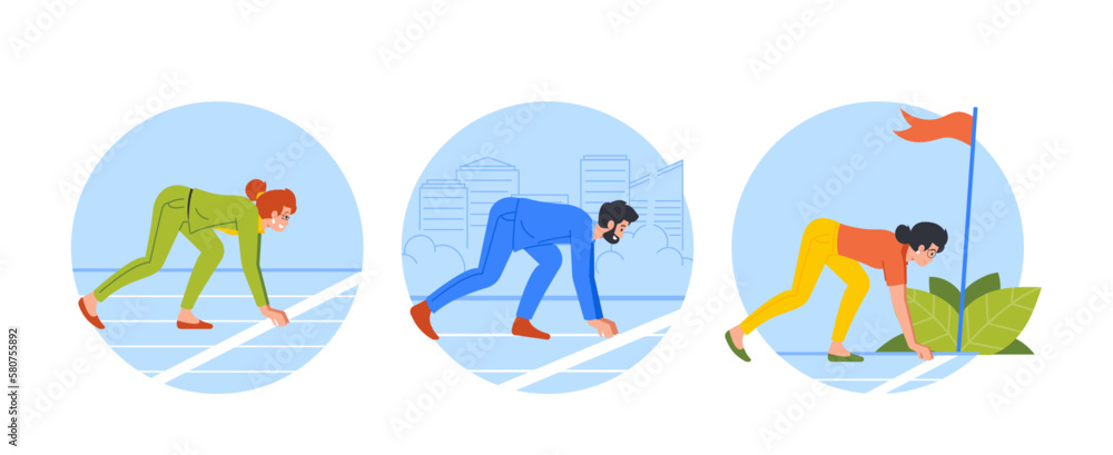 Fototapeta premium Business Competition Isolated Round Icons Or Avatars. Business Men And Women Stand In Low Start Posture Prepare To Race